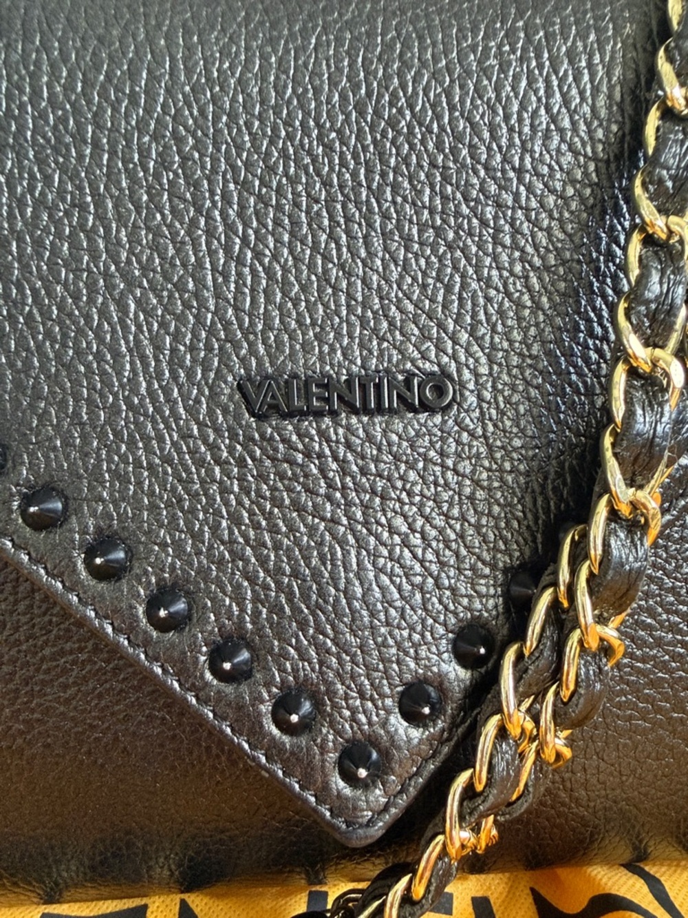 Valentino Black Pebbled Leather Stud-Trim Shoulder Bag with Gold Chain - Picture 7 of 13